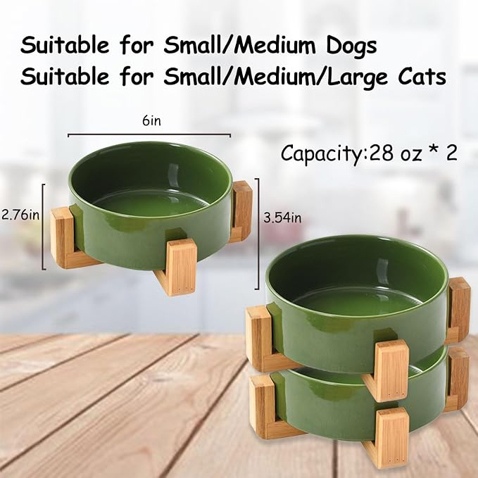 Petygooing Ceramic Dog Bowl Set with Stand, Cat & Dog Food and Water Bowls, Medium Size - Anti-Slip Set of 2 - 28 OZ /3.6 Cups - Rust Green