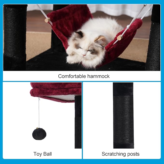 Hey-brother Cat Tree Tower with Sisal Scratching Posts, Big Condo, MPJ020BR | 53.7 Inches Multi-Level Cat House with 2 Bigger Plush Condos, 2 Platforms, Hammock, Toy Balls for Indoor Cats, Black and Red