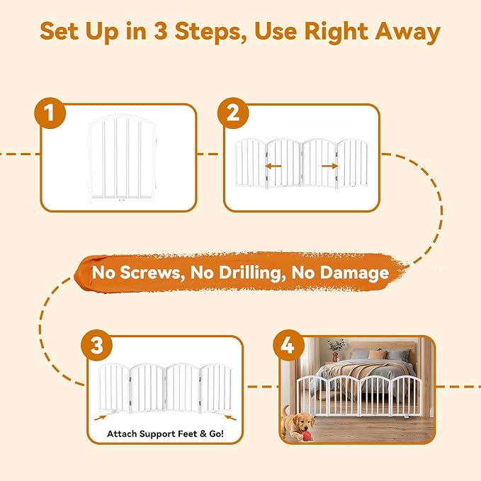 SNUOWU 16 Inch Full Metal Freestanding Short Dog Gate for Small Dogs, Foldable 4-Panel Pet Barrier, Expands Up to 48" Wide, Indoor Safety Fence for Doorway, Home & Stairs, White