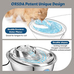 ORSDA Stainless Steel Cat Water Fountain, Automatic Pet Drinking Fountain, 67oz/2L Dog Pet Water Dispenser with Visual Water Level Window for Cats and Small Dogs- 6 Filters +3 Pump Sponges (D36)