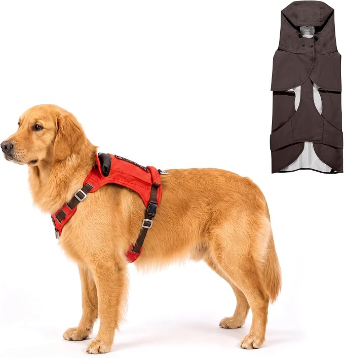 2-in-1 Dog Harness with Built-in Raincoat, Waterproof Packable Dog Rain Jacket, Reflective Adjustable Dog Rain Coat with Leash Portal, Orange Harness/Brown Raincoat, X-Large