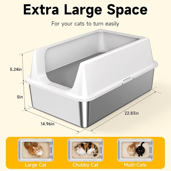 XL Stainless Steel Litter Box with High Sides for Large Cats | Extra Large Tall Wall Open Top Deep Metal Pan, Anti-Leak Non-Stick Odor Control