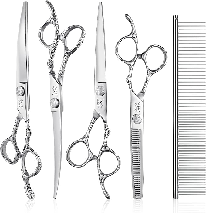 JASON Dog Grooming Scissors Set - Professional 6 in 1 Shears Kit Silver | 6.5" Thinning, 7" Straight, 7" Up-Curved, 7" Down-curved Shears and Comb for Dog Cat Pet, Gift