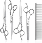 JASON Dog Grooming Scissors Set - Professional 6 in 1 Shears Kit Silver | 6.5" Thinning, 7" Straight, 7" Up-Curved, 7" Down-curved Shears and Comb for Dog Cat Pet, Gift
