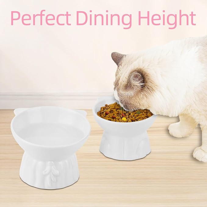 Elevated Cat Bowls 2-Pack, Ceramic Raised Cat Food & Water Dishes - Extra Wide & Shallow Whisker-Friendly Design, Anti-Vomit & Easy Digestion, Lead/Cadmium-Free, Microwave & Dishwasher Safe (White)