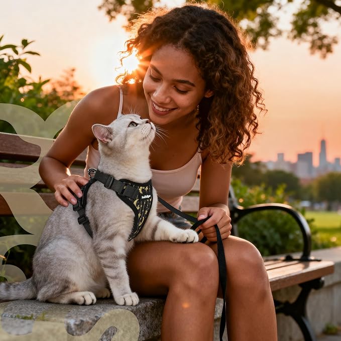 rabbitgoo Cat Harness and Leash Set, Escape Proof Vest, Lunar Prowl | Soft Breathable Mesh, Easy Adjustable Fit, Snap Buckles, Sturdy Clip, Reflective Strips, for Small & Average Cats Walks, Xs