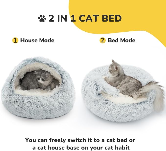 CATISM Cat Bed, Plush Hooded Cat Beds for Indoor Cats | Warm Soft Plush Comfortable Removable Washable Non-Slip Bottom