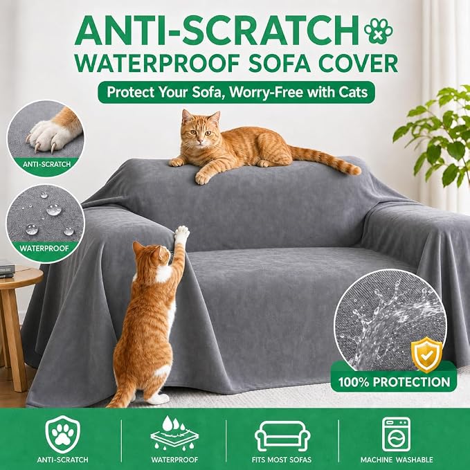 Loiion Cat Scratch Proof Furniture Protector Waterproof Sofa Cover 91"x71" | Pet-Friendly Couch Protector, Anti-Scratch & Anti-Slip Sofa Cover For Cats Dogs Kids, Machine Washable