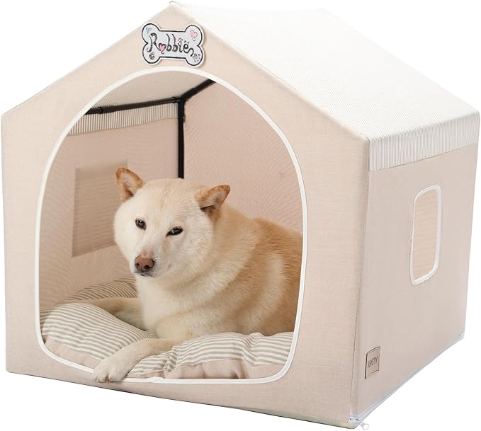 Jiupety Indoor Dog House with Frame, Cute Dog Tent Bed with Cover Cave, Breathable, Washable, and Foldable House, Suitable for 22-40 Lb, Large (25"×25"×25"), Beige