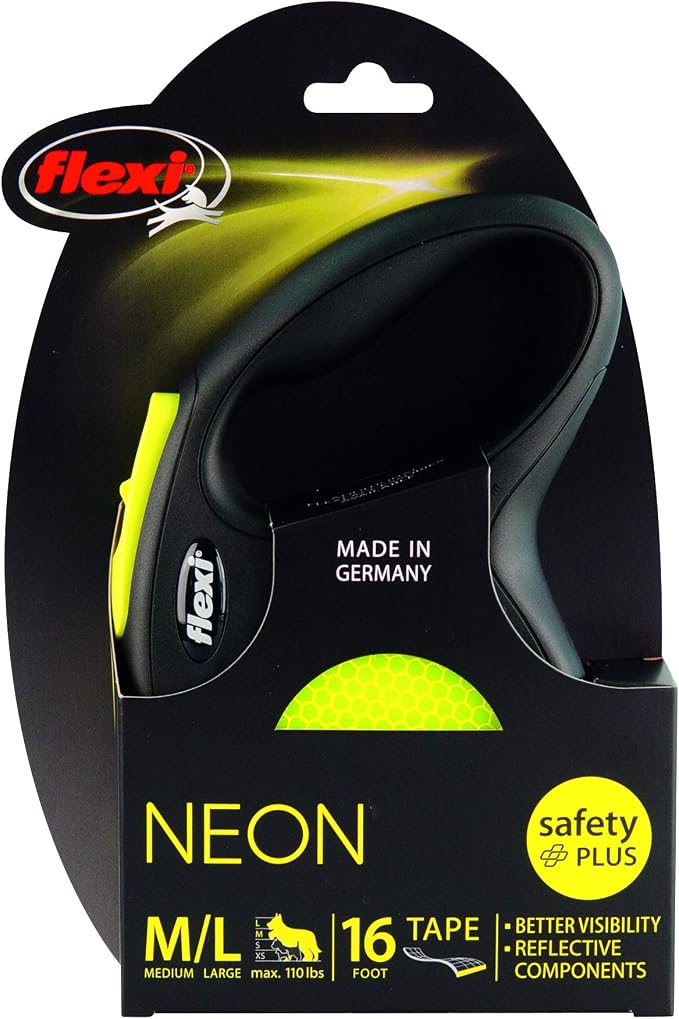 FLEXI® Neon Tape Retractable Dog Leash, Large, 16 ft - Neon Yellow/Black | German engineered, original flexi leash, durable quality for dogs up to 110 lbs, tangle-free, walking, reliable brake system