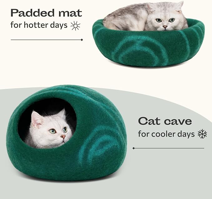 MEOWFIA Cat Cave – Premium Felt Cat Bed Enclosure for Indoor Cats, Handmade Merino Wool (Emerald, Medium)