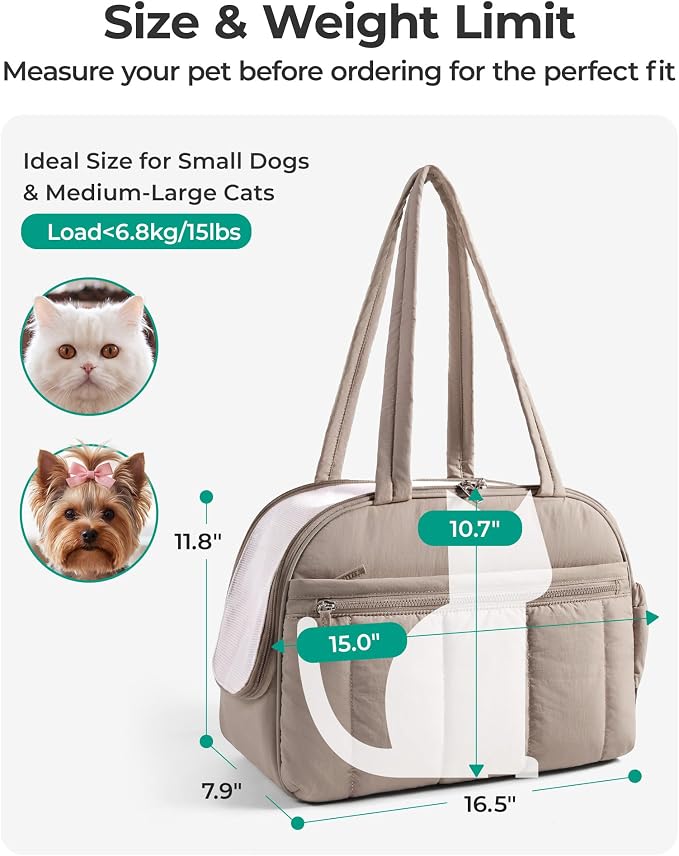 BAGSMART Dog Purse Carrier for Small Dogs Up to 15lbs Puppy Travel Tote Bag | Quilted Puffy Soft Sided Pet Handbag with Pockets, Collapsible Lightweight Portable Carrying with Safety Tether & Mat, Green