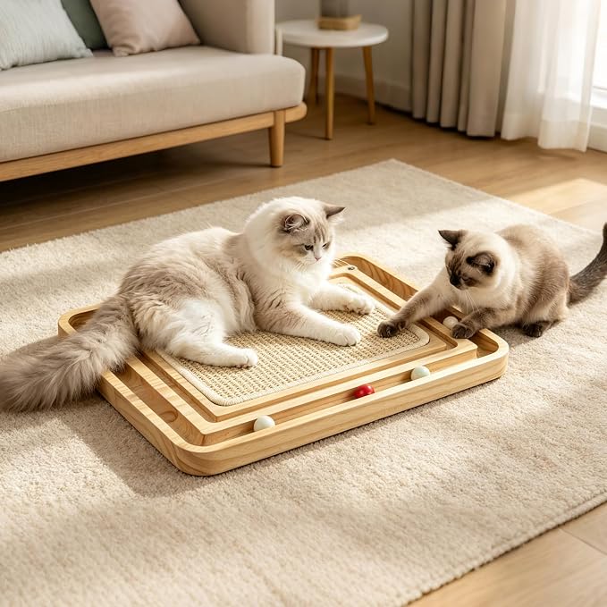 Cat Scratcher, Sisal Cat Scratcher Toy with Ball Track Spring Ball, Wooden Interactive Toy for Indoor Cats and Kittens Chasing Hunting Mental Physical Exercise Puzzle