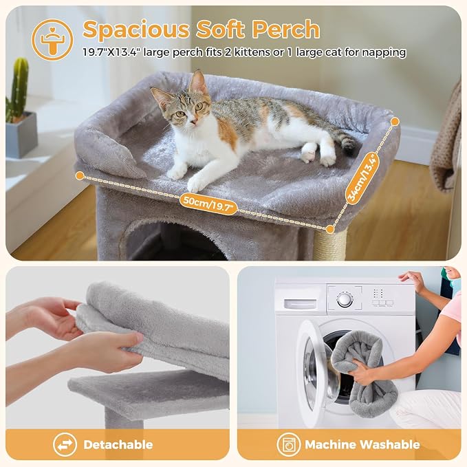PAWZ Road 26" Cat Tree for Indoor Cats, Small Tower with 19X13”Bed | Cozy Cat Condo with Tall Sisal Posts & Spring Ball, Raised Edge Bed Keeps Cats Secure Compact for Corners or by Window
