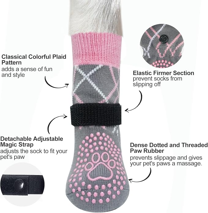 BEAUTYZOO 6PCS Dog Socks to Prevent Licking Paws, Anti Slip Dog Shoes for Hot Pavement Hardwood Floors, Traction Control Boots & Paw Protectors for Small Medium Large Senior Dogs, Pink&Grey S