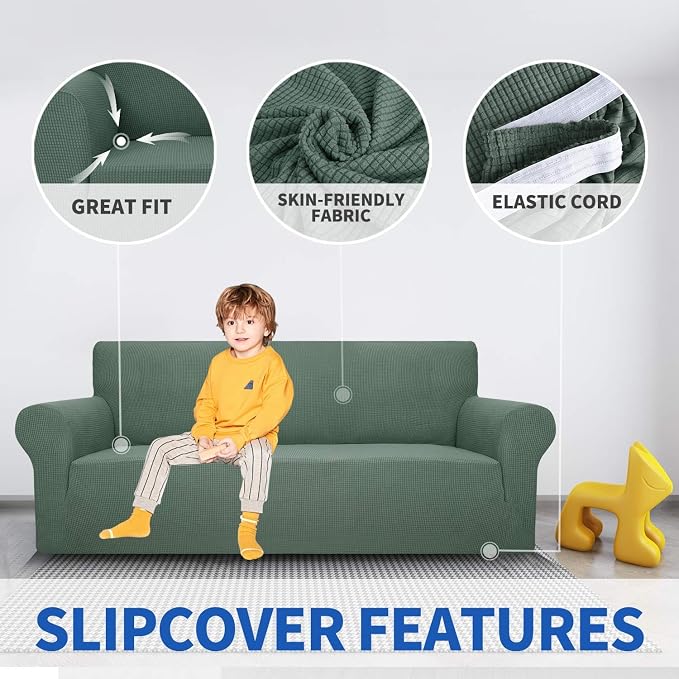 MAXIJIN Super Stretch Couch Cover for 3 Cushion Couch, 1-Piece Universal Sofa Covers Living Room Jacquard Spandex Furniture Protector Dogs Pet Friendly Fitted (Large, Pea Green)