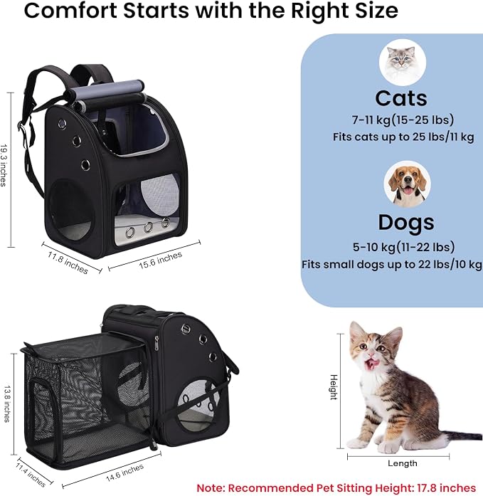 Expandable Cat Backpack Carrier, Large Space, Airline Approved, XL | Pet Carrier Backpack Up to 25 lbs, Portable Cat Travel Backpack, Ideal for Traveling/Hiking /Camping/Vet, Black