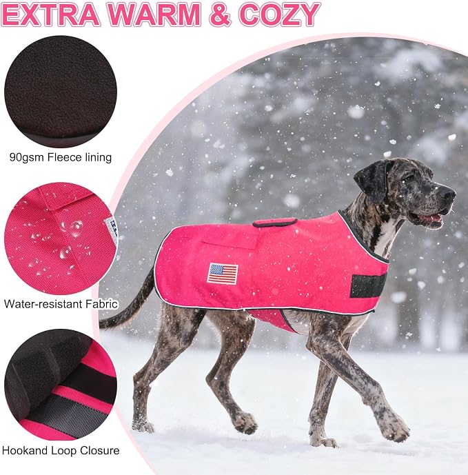 BEAUTYZOO Dog Winter Coat for Large Dogs Waterproof, Warm Reflective Great Dane Oxford Canvas Jacket, Fleece Dog Cold Weather Coats Windproof for Female Male Dogs, Rose Pink L