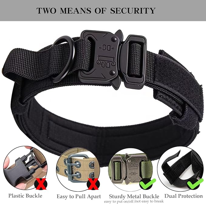 Tactical Dog Collar Adjustable Military Nylon Dog Collar with Control Handle and Heavy Duty Metal Buckle for Medium and Large Dogs (Black,L)