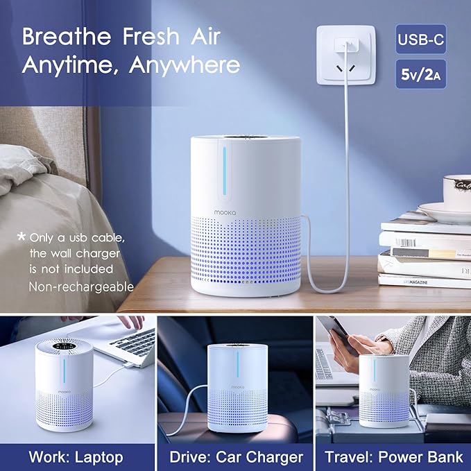 MOOKA Air Purifier for Bedroom Home Dorm 430 Ft², Compact HEPA Air Cleaner | 15dB Quiet Sleep Mode, Aroma Function, Desktop, Office, Meet GRS, Filter Smoke Pollen Pet Hair Dander, Save Energy, M01 White