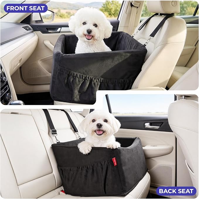 BurgeonNest Small Dog Car Booster Seat Bed Under 25 lbs (Black) | Fully detachable & washable travel bed with side storage pockets and clip-on safety leash for cozy, portable car trips.