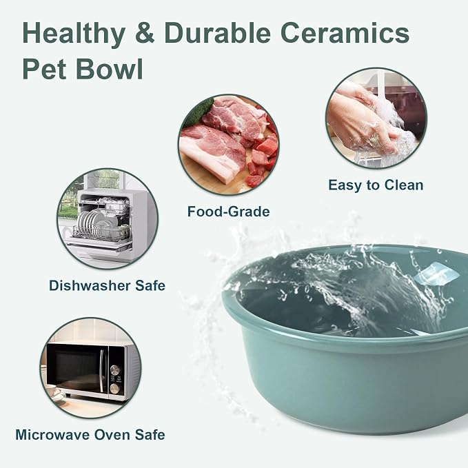 SPUNKYJUNKY Ceramic Elevated Tilted Dog Bowls Bone-Shaped Raised with 2 Height Iron Stand, 4.9'' Dog and Cat Food Water Bowls Set Non-Slip for Puppy Kitten Small Sized Breed - 7 OZ,Dark Green