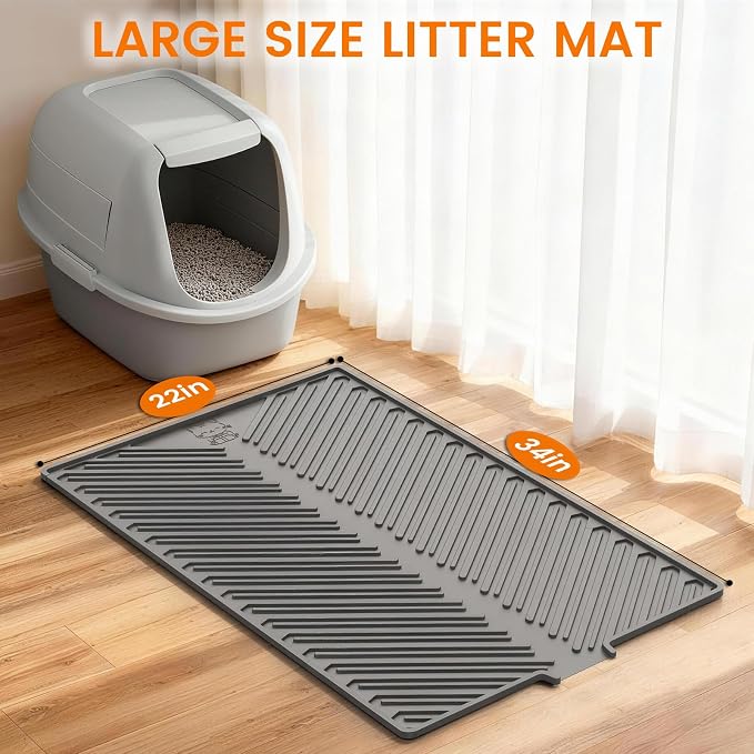 Large Silicone Cat Litter Mat Litter Trapping Pad for Litter Box | 34" x 22", Silicone, Foldable, Non-Slip, Friendly Soft on Cat Paws, Easy to Clean, Scatter Control, Gray