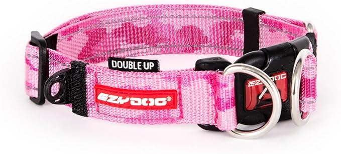 EzyDog Double Up Dog Collar, Strong Double D-Rings - Large, Pink Camo | Dual D-Rings for Superior Strength, Safety, and Comfort, Soft Touch Nylon Webbing, Reflective Stitching, Id Attachement Point