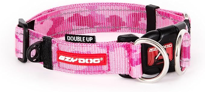 EzyDog Double Up Dog Collar, Strong Double D-Rings - X-Large, Pink Camo | Dual D-Rings for Superior Strength, Safety, and Comfort, Soft Touch Nylon Webbing, Reflective Stitching, Id Attachement Point