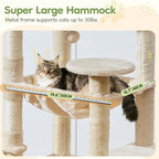 Taoqimiao Cat Tree for Large Cats, 72In Tall Cat Tower, Giant Platform | Widened Cat Condo with Large Scratch Board, 5 Scratching Posts, Metal Frame Hammcock, Cozy Basket, Beige, MS045M