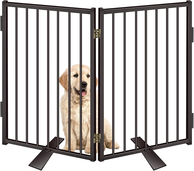 Metal Freestanding Dog Gates with Door for Outdoor Indoor,Extra Wide Tall Free Standing Dog Gate for Doorways,Large Openings,Deck,Yard,Porch,Foldable Safety Pet Fence (Black, 【2 Panels】 32''H*40''W)