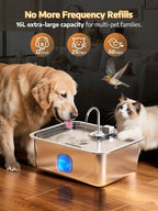 4.2Gal Dog Water Fountain for Large Dogs, 16L Stainless Steel Large Dog Fountain Water Bowl with Deeper & Wider Drinking Tray, Pet Water Dispenser with Visible Window (with 7 Newly Filters)