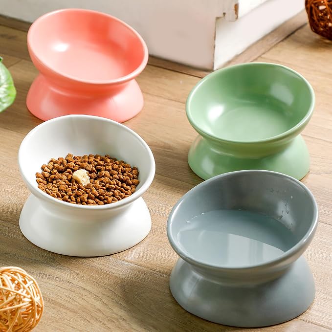 Hushee 4 Pcs Ceramic Raised Cat Food Bowls Elevated Tilted Dish Anti Vomiting Food or Water Bowls Pet Supplies