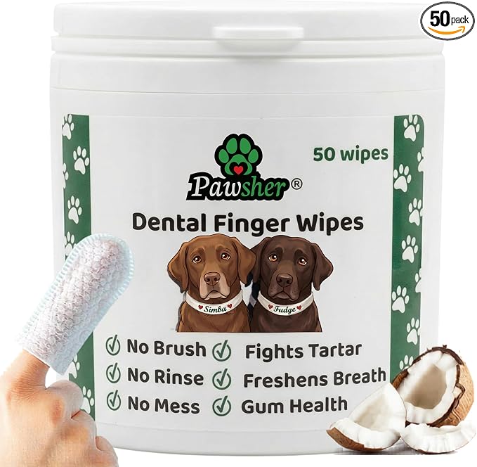 Dog Teeth Cleaning Wipes - Natural Coconut Oil & Aloe - Dental Wipes for Dogs - No-Rinse Pet Dental Finger Wipes - 50 Count