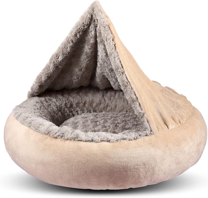 GASUR Small Dog & Cat Bed, 23'' Donut Pet Bed Mat with Hooded Blanket, Anti-Anxiety Burrow Cave Bed, Cozy Puppy Bed, Machine Washable, for Indoor Pets up to 20lbs