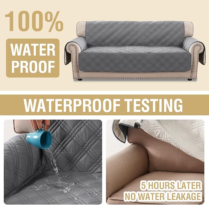 H.VERSAILTEX 100% Waterproof Sofa Covers for 3 Cushion Couch Modern Sofa Cover for Dogs XL Couch Covers for Oversized Sofa with Elastic Straps (Oversized Sofa, Grey/Beige)