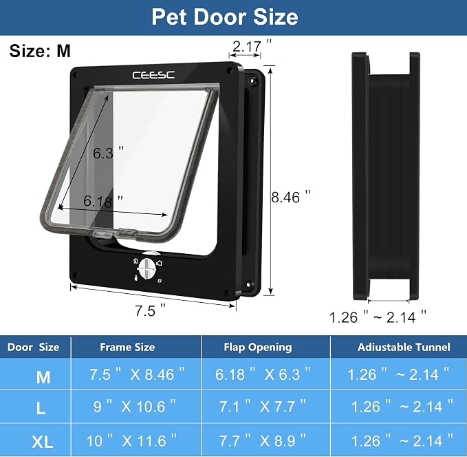CEESC Medium Cat Door for Interior/Exterior, for Pets <15.75", Black | Rotary 4-Way Lock, Weatherproof, Fits doors 1.26-2.14", Adjustable tunnel depth, Upgraded version