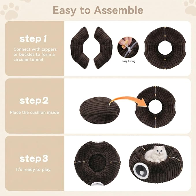 Cat Tunnel Bed Cave - Washable Cushion for Indoor Cats, Peekaboo Hideaway Cave for Indoor Cats, Kittens, Puppies, Rabbits, Luxurious Striped Hare-Feel Fabric, Tunnels for Indoor Cats Large (Coffee)