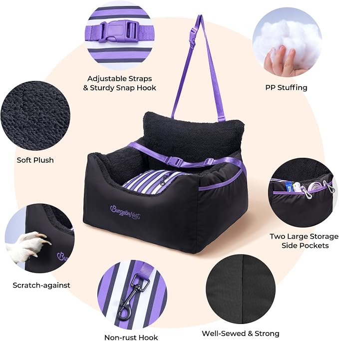 BurgeonNest Dog Car Seat for Small Dogs & Cats Under 25 lbs, Black Purple