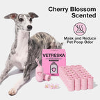 VETRESKA Dog Poop Bags with Handles 450 Count, Floral Scented Waste Bags | Leak-Proof Thick Dog Bags for Poop, Easy-Tie Large Poop Bags, 30 Refill Rolls with 1 Dispenser for Dog Walking Cat Litter