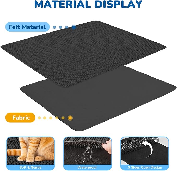 Cat Litter Mat 47" x 35", Washable Urine-Proof Non-Slip Black | Machine Washable, Upgraded Felt & Fabric Material Litter Mat for Fewer Creases, Hold 3-4 Litter Boxes, Soft on Paws