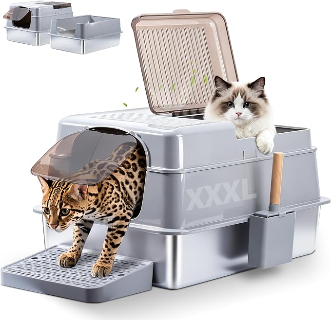 XXXL Stainless Steel Cat Litter Box with Lid,28"×20"×16"Metal Cat LitterBox | High-Sided Jumbo Enclosed Litter Box for Big Cats & Multiple Cats,Ragdoll,Maine Coon,Bengal,Odor-Free/Anti-Leakage/Easy Clean
