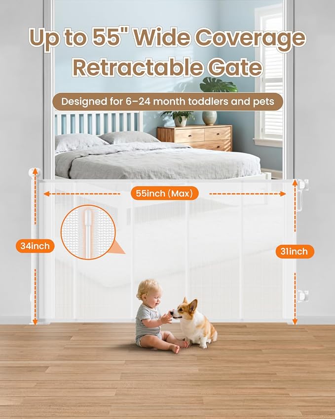 Retractable Mesh Baby Gate, 55 inch Wide Reinforced Mesh Dog Gate | 4 Fiberglass Support Rods for Extra Stability, Fully Retractable Design, 34" Tall for Stairs, Hallways & Doorways, White
