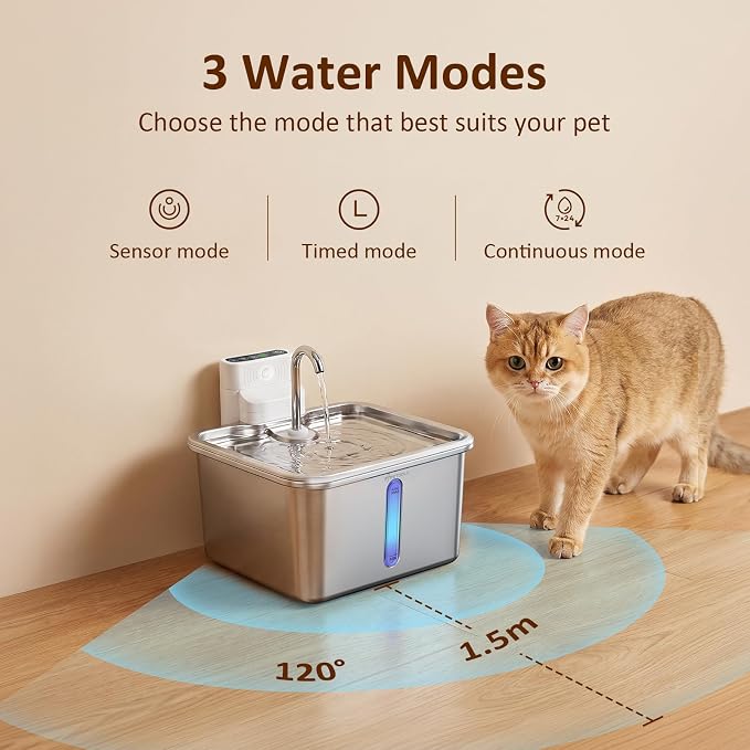 Cat Water Fountain Stainless Steel, 135fl-oz/4L Wireless Cat Fountain,Water & Battery Separation,4000mAh Battery Operated Cat Drinking Fountain with Faucet