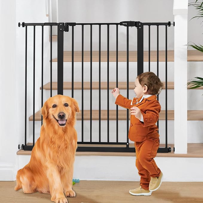 keny 36" Extra Tall Baby Gate for Stairs, 29-42.5" Wide Auto Close Dog Gate | Pressure Mounted Easy Walk Through Pet Gate for Doorways, Durable Safety Stair Gate, Black
