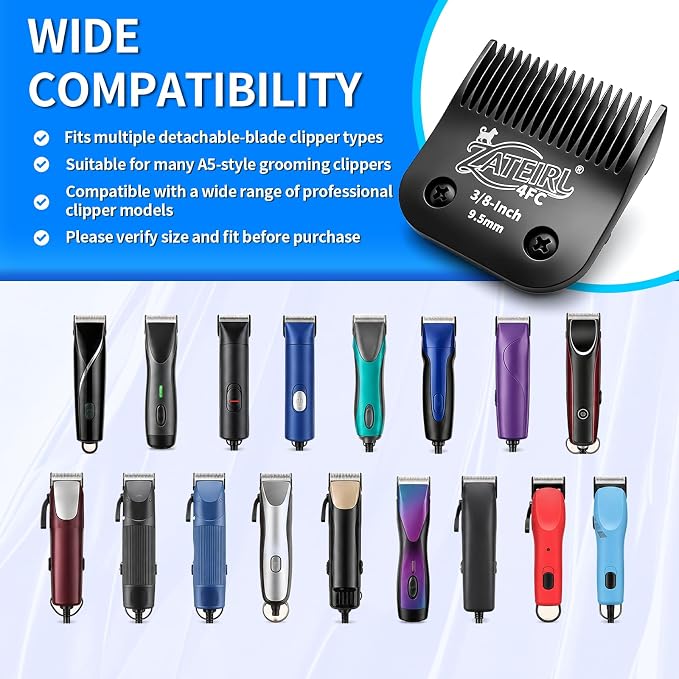 Size 4FC Detachable Pet Grooming Clipper Blade with Steel Cutter, 3/8 Inch (9.5 mm) Cut Length, Black, Compatible with Andis, Oster A5, Wahl KM10, 3 Pack