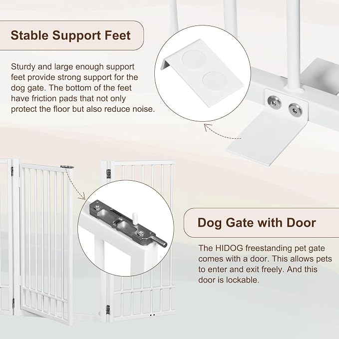 Metal Freestanding Dog Gate with Door, Extra Wide 121", 31" Height Foldable for Doorways, Tall Fence Indoor Pet Barrier for Stairs Hallways, 6 Panels, White