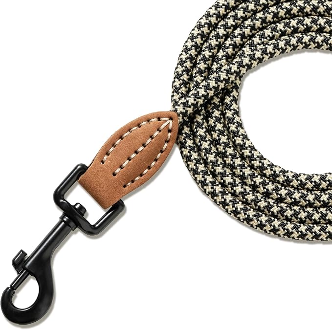 Mile High Life Thin Small Dog Leash with Genuine Leather Connection | Rope Leash, Heavy Duty 360° Swivel Metal Clasp, for Small Medium & Large Dogs (Black Khaki, 48 Inch)