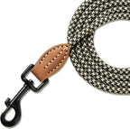 Mile High Life Thin Small Dog Leash with Genuine Leather Connection | Rope Leash, Heavy Duty 360° Swivel Metal Clasp, for Small Medium & Large Dogs (Black Khaki, 48 Inch)
