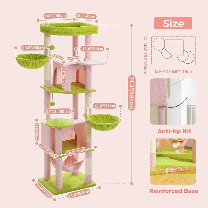 PAWZ Road Pink 70” Cat Tree with Hammock, Large Bed 2 Condos & 5 Posts | Tall Cat Tower with 2 Hammock 14”,2 Spacious Condos, 5 Scratching Posts, & a Large Top Perch for Indoor Adult Cats- Pink